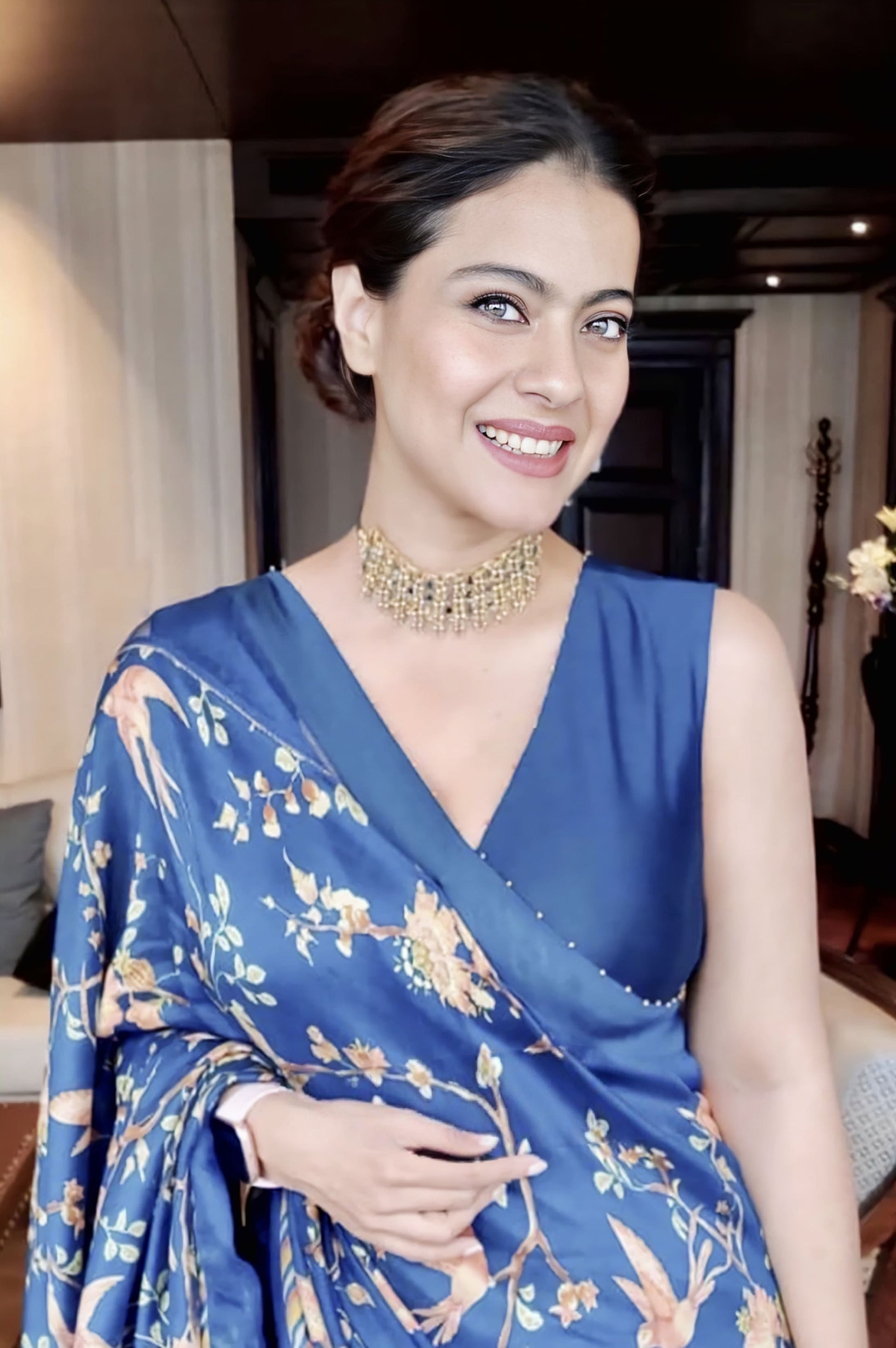 Blue Chanderi saree with digital print and embroidery inspired by Kajol