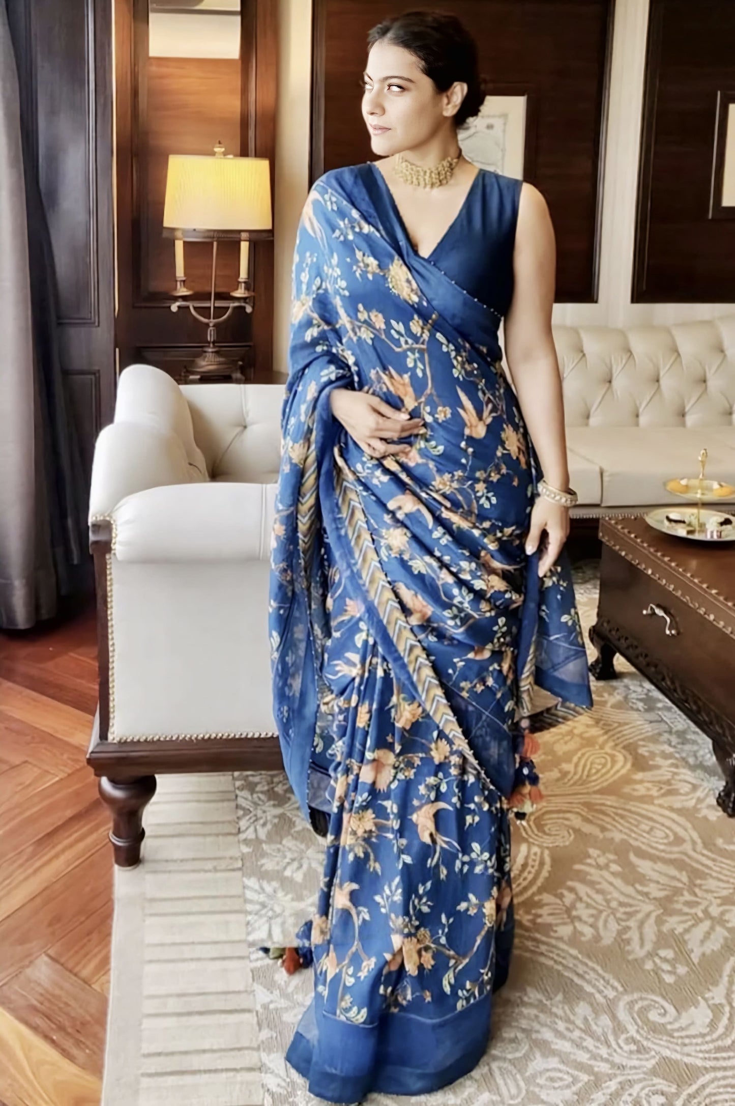 Kajol Devgan in Neelam Chakori Chidiya Chandni Saree Set – Blue Chanderi Digital Print & Embroidered Designer Saree