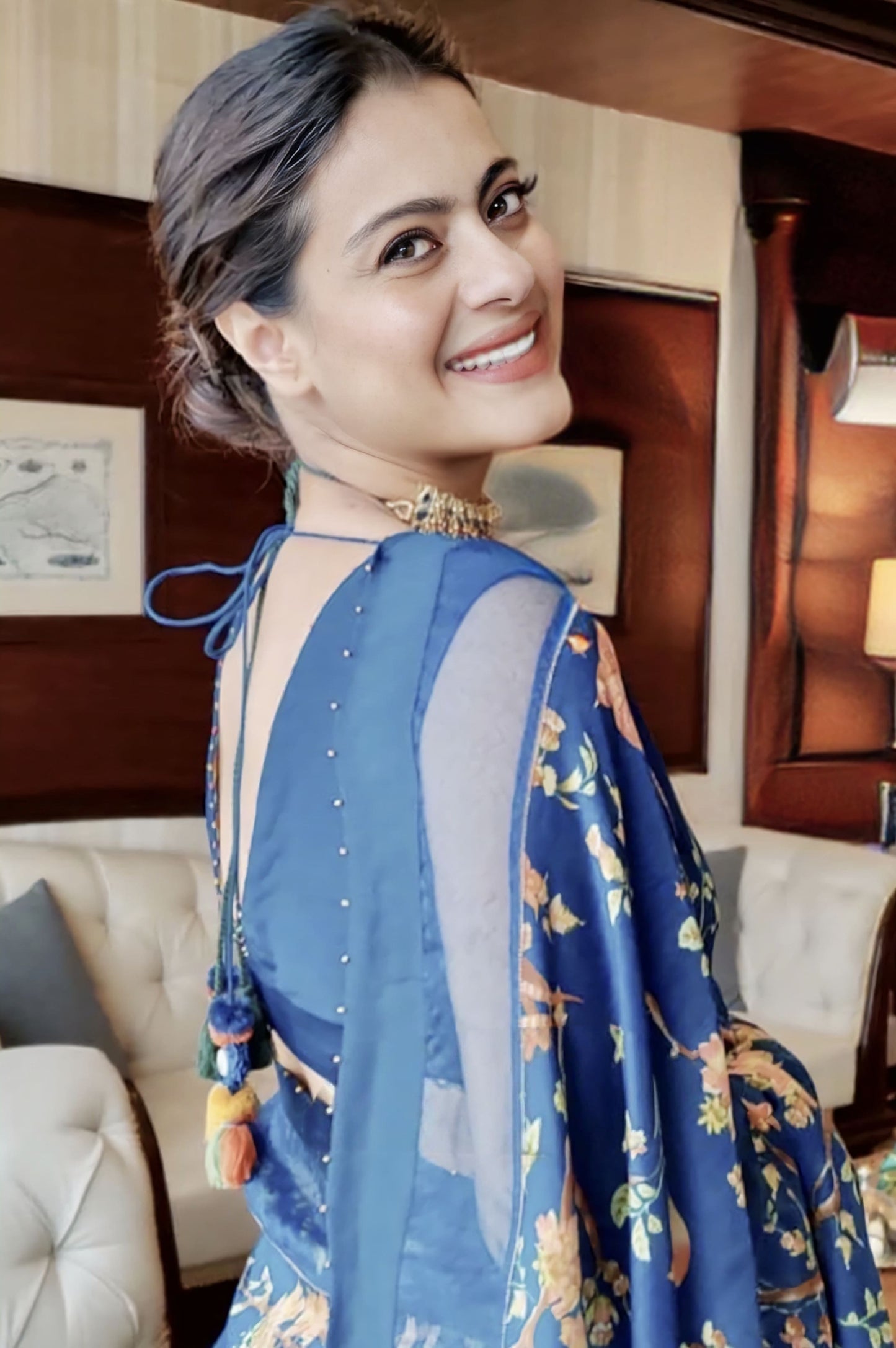 Kajol Devgan in Neelam Chakori Chidiya Chandni Saree Set – Blue Chanderi Digital Print & Embroidered Designer Saree