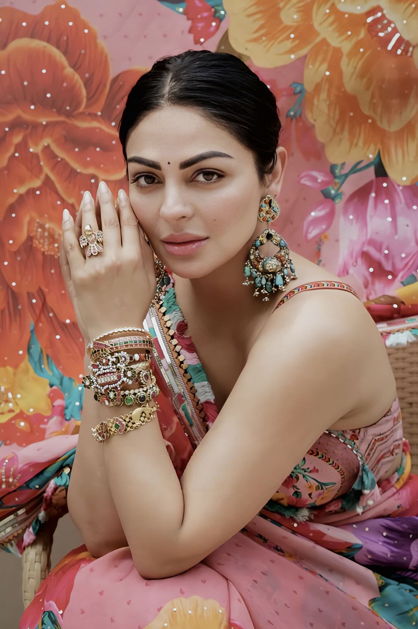 Organza saree with digital print and embroidery inspired by Neeru Bajwa