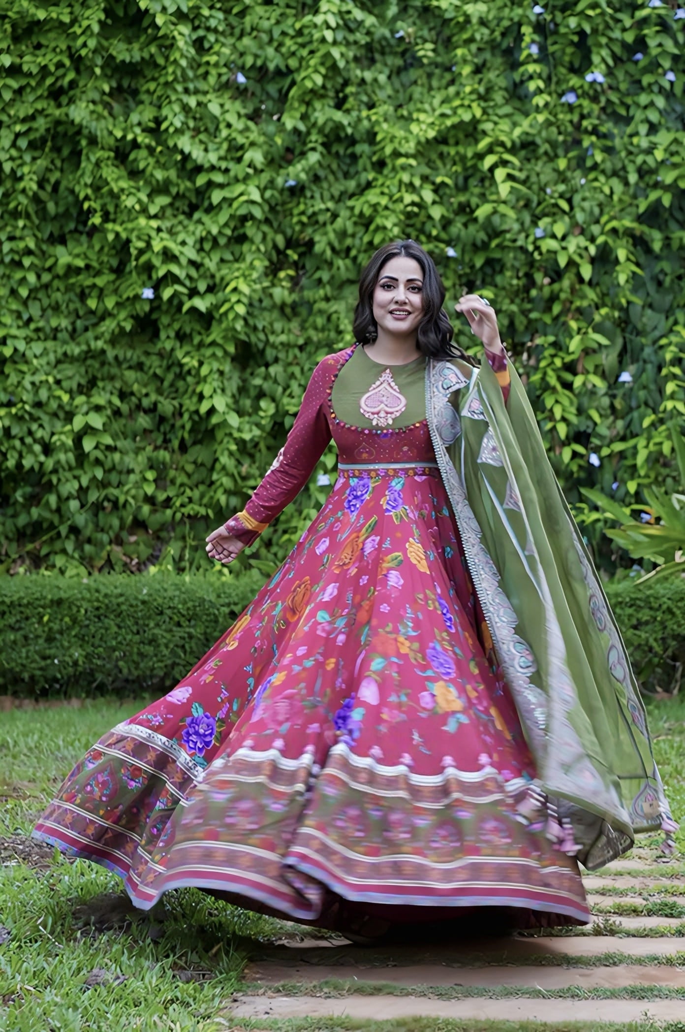 Red Jain silk Anarkali with digital print inspired by Hina Khan