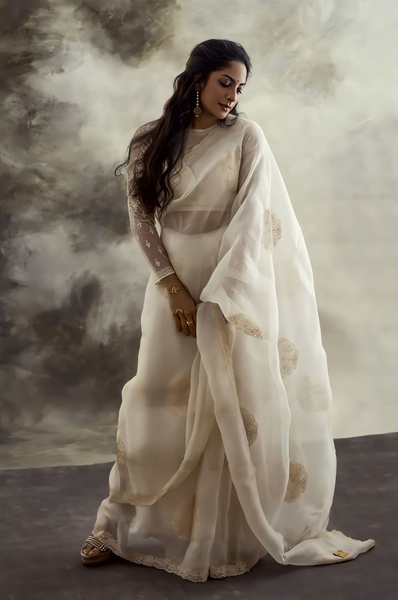 White organza embroidered saree with net silk blouse inspired by Sriya Reddy
