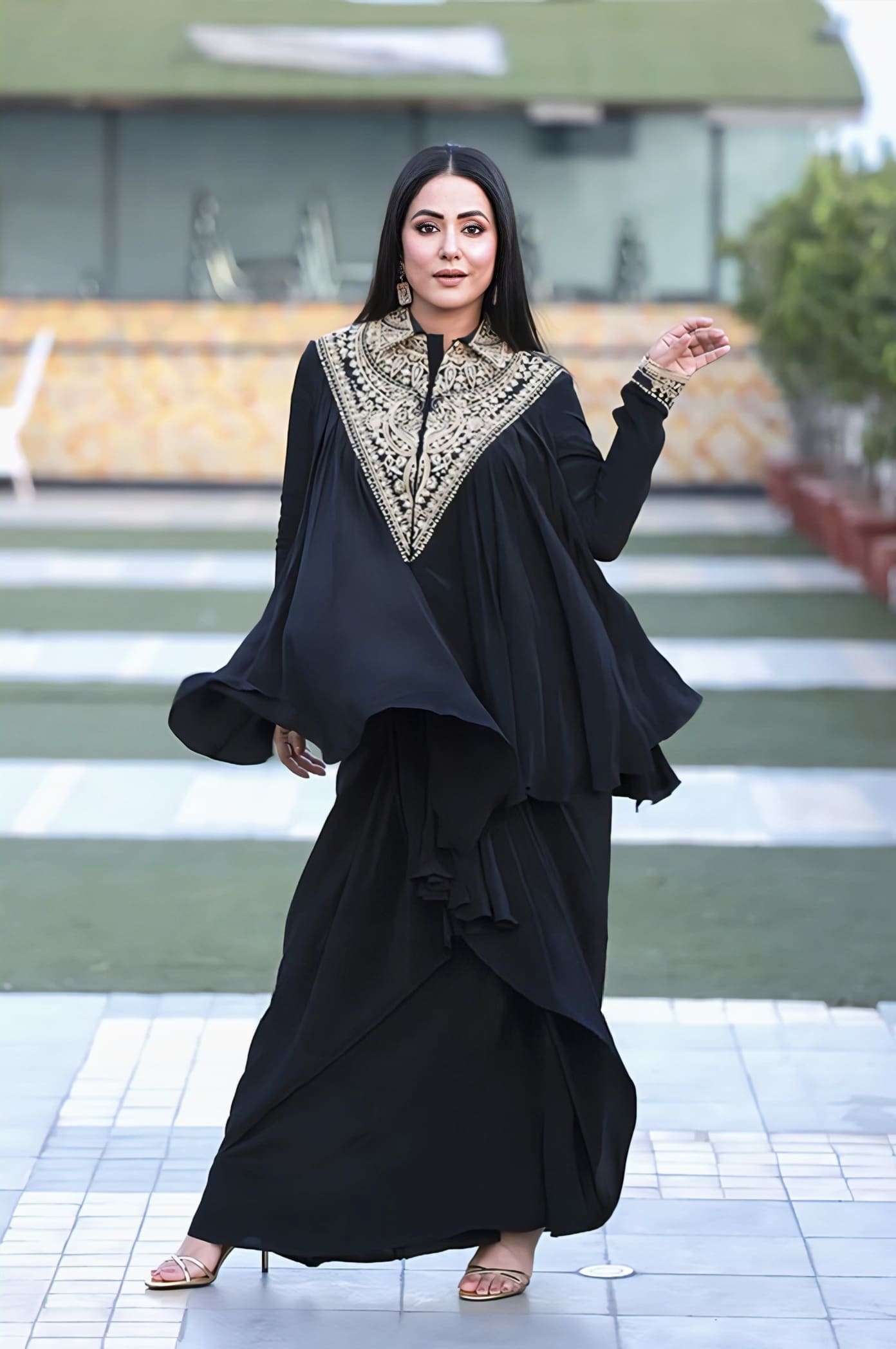 Black silk crepe co-ord set with embroidery inspired by Hina Khan