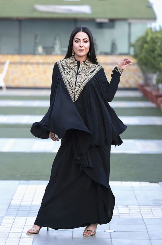 Black silk crepe co-ord set with embroidery inspired by Hina Khan