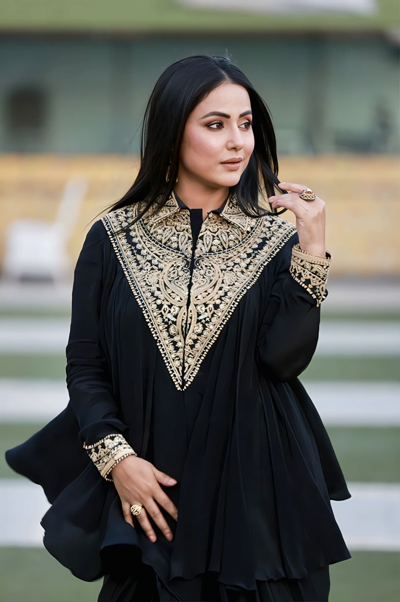 Hina Khan in Gul-Saroja Co-ord Set – Black Silk Crepe Embroidered Designer Dhoti Set