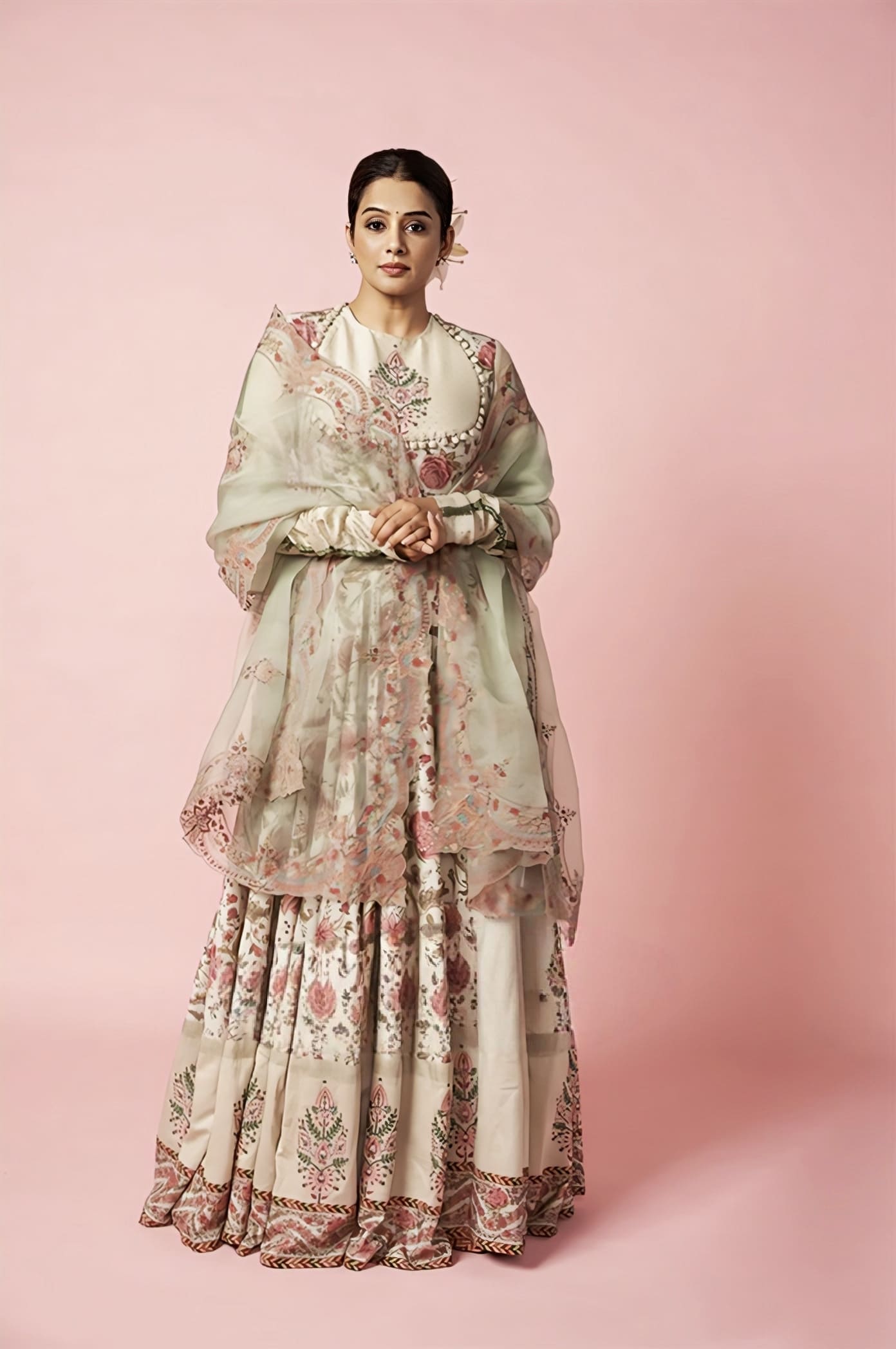 Green handwoven Chanderi lehenga with Aari embroidery inspired by Priyamani