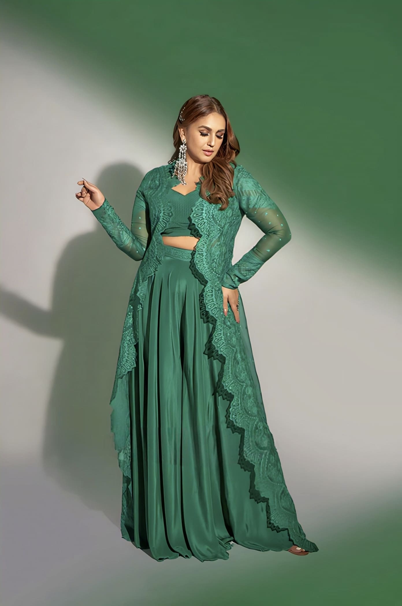 Green silk organza jacket set with Aari embroidery inspired by Huma Qureshi