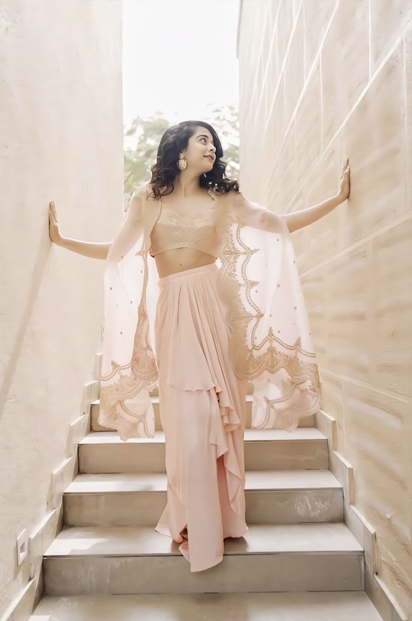 Pink silk organza cape set with dhoti pants inspired by Mithila Palkar