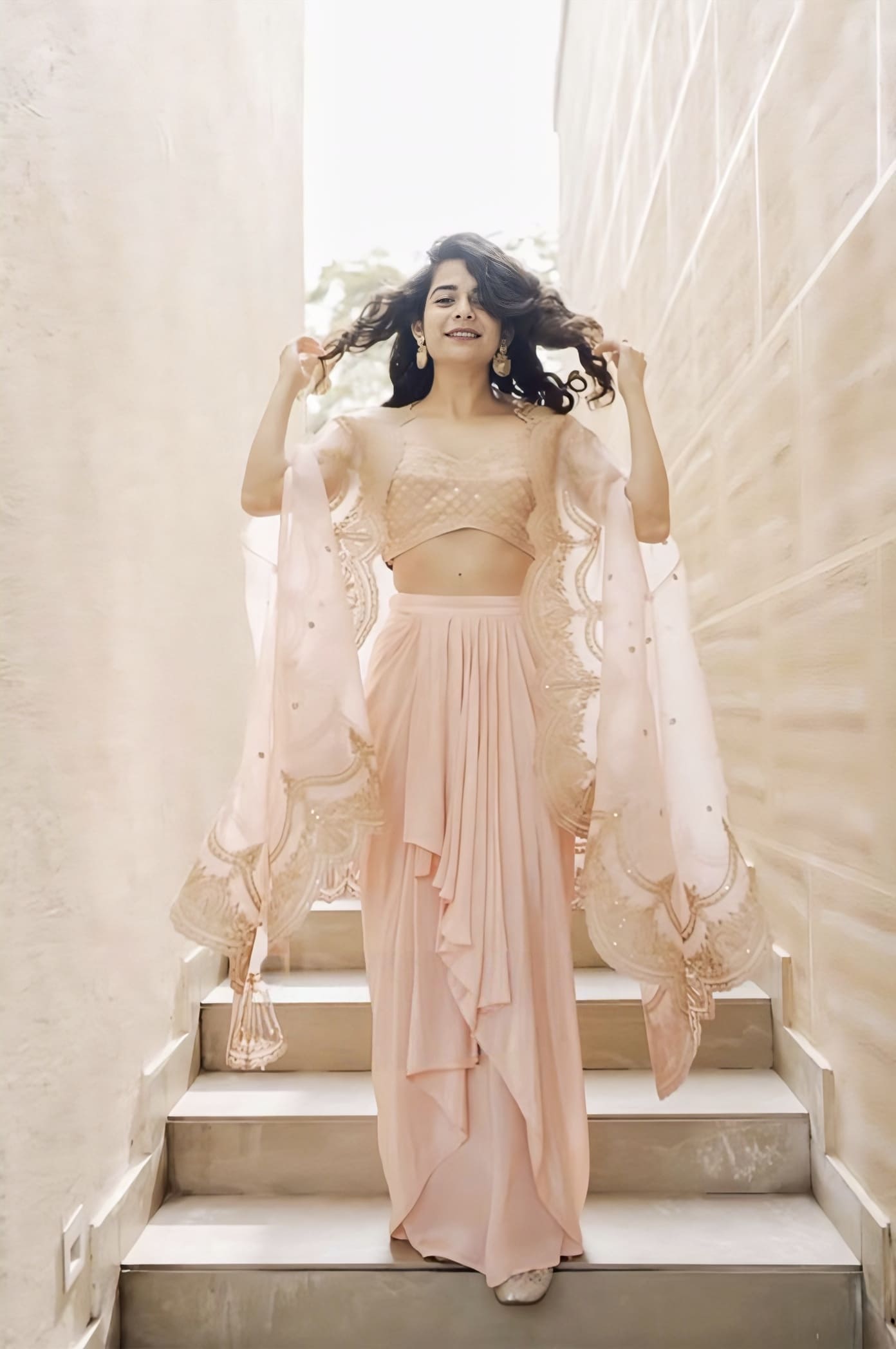 Mithila Palkar in Gul-Mohar Zuri Cape Set – Pink Silk Organza Embroidered Designer Dhoti Set