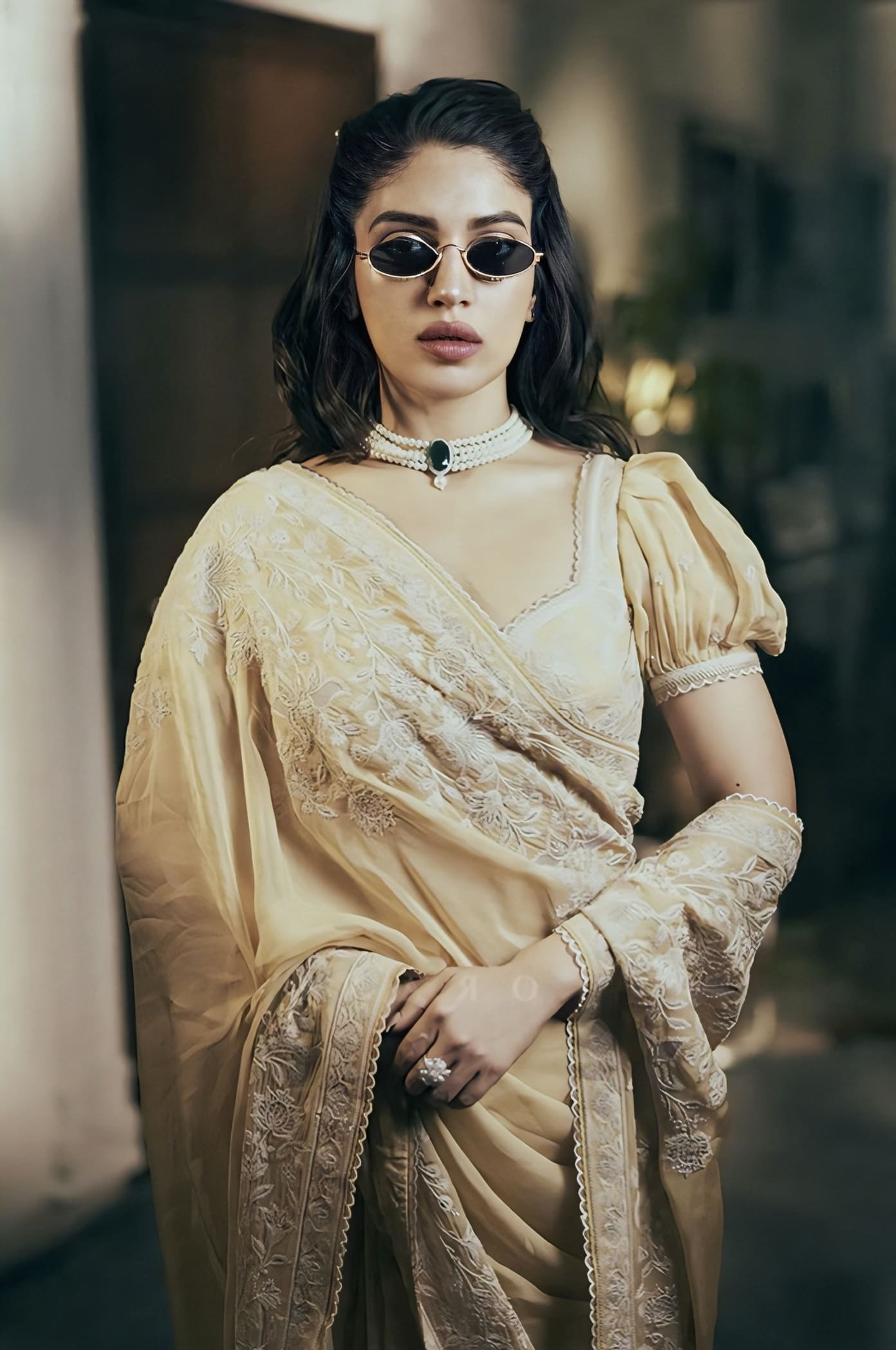 Bhumi Pednekar in Mradu Haimanti Saree Set – Beige Organza Embroidered Designer Saree