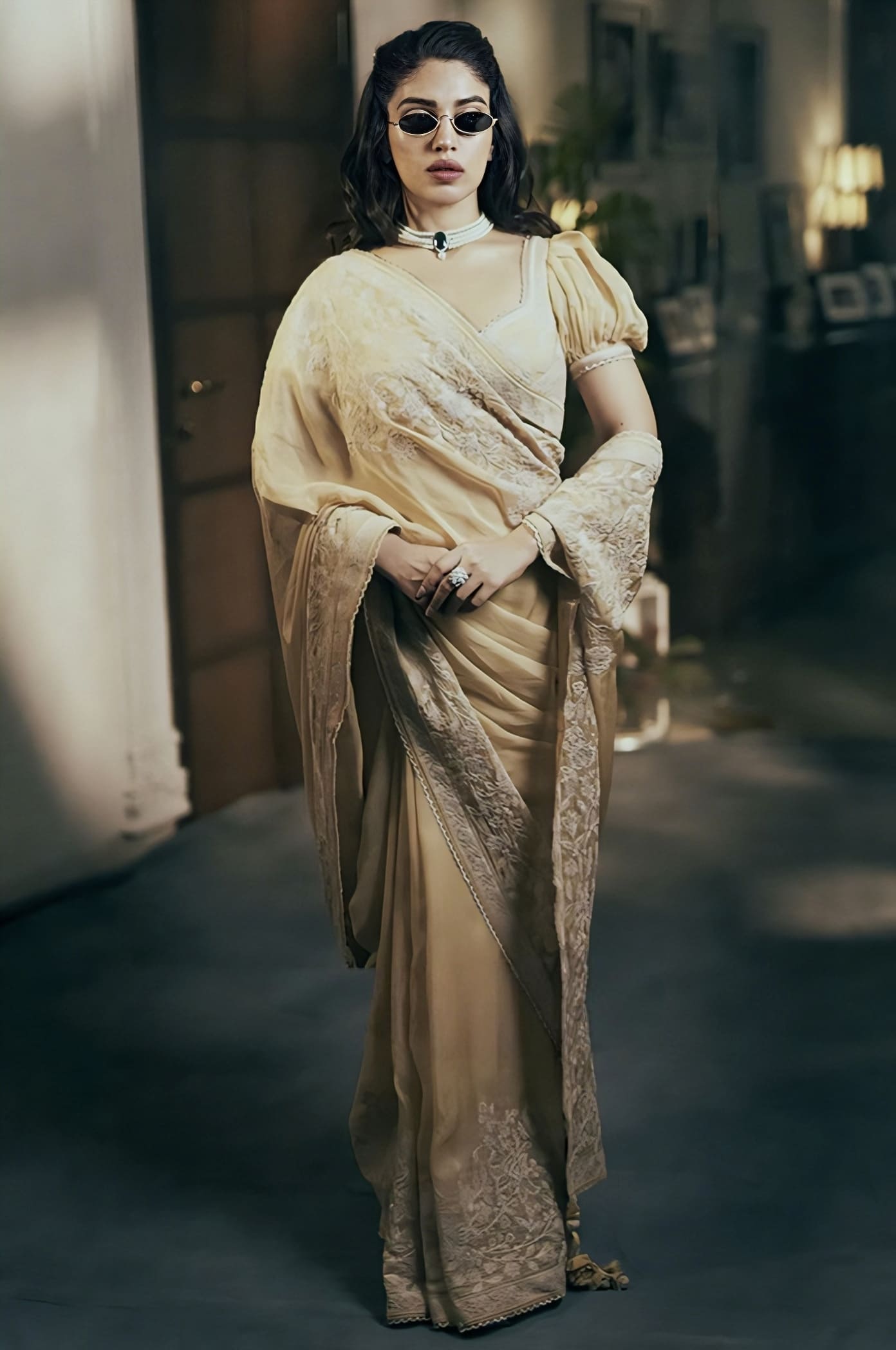 Beige organza embroidered saree with Chanderi blouse inspired by Bhumi Pednekar