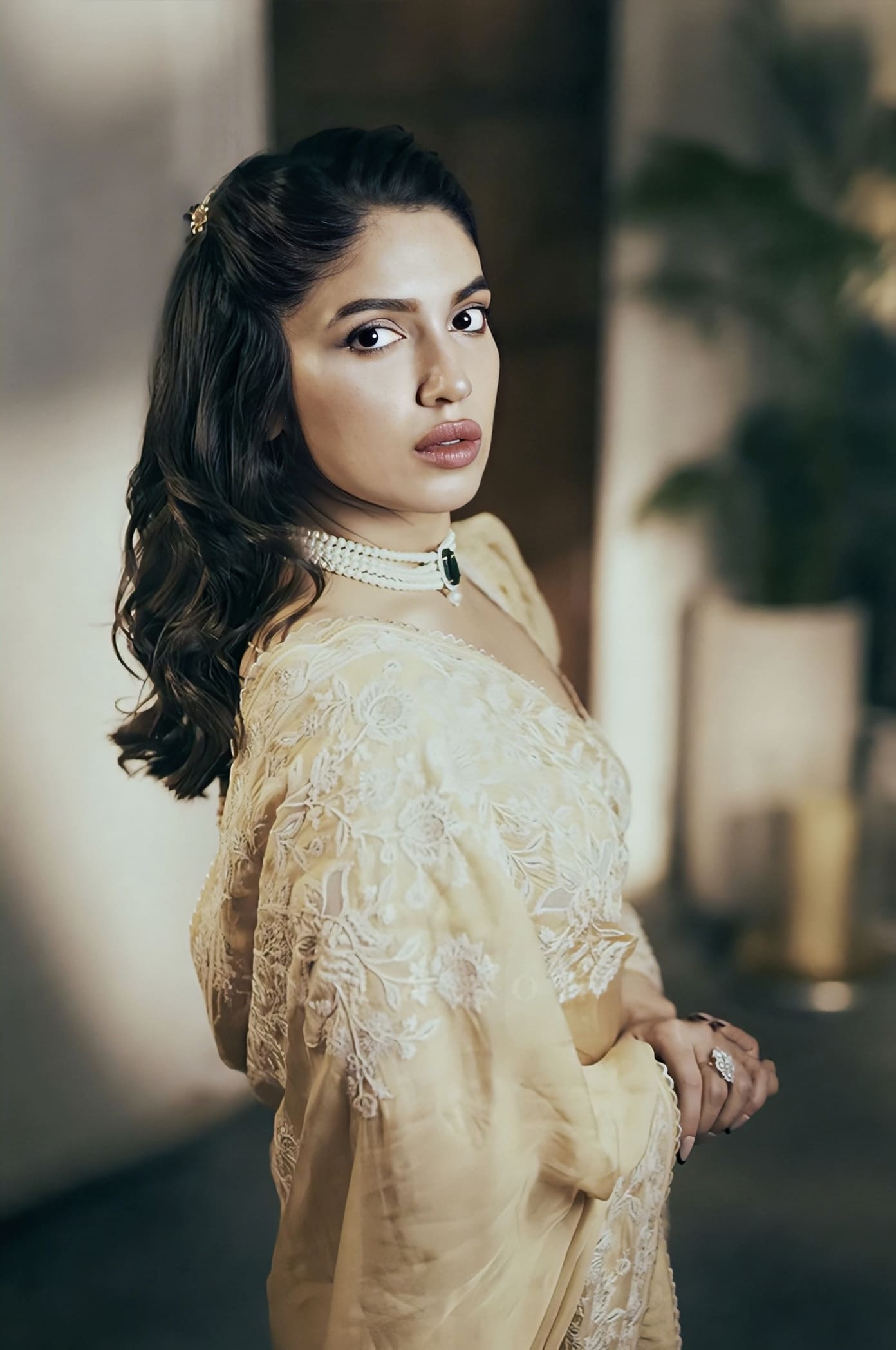 Bhumi Pednekar in Mradu Haimanti Saree Set – Beige Organza Embroidered Designer Saree