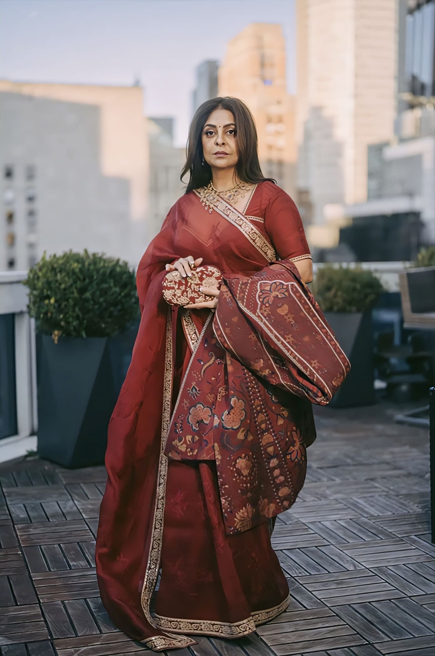 Maroon cotton jacquard jacket with digital print inspired by Shefali Shah