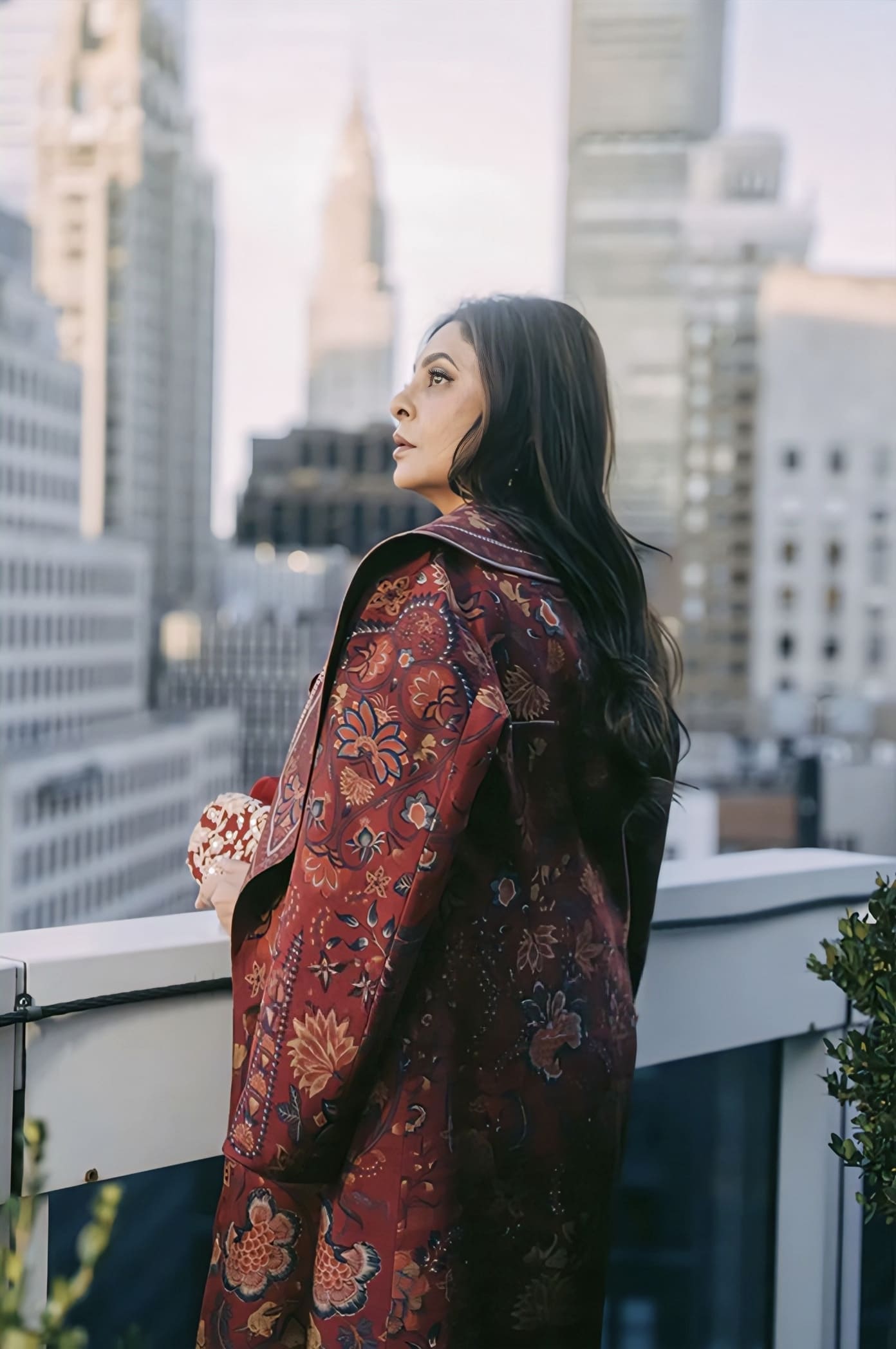 Shefali Shah in Custom Dhuni Chintz Jacket – Maroon Cotton Jacquard Digital Print Designer Jacket