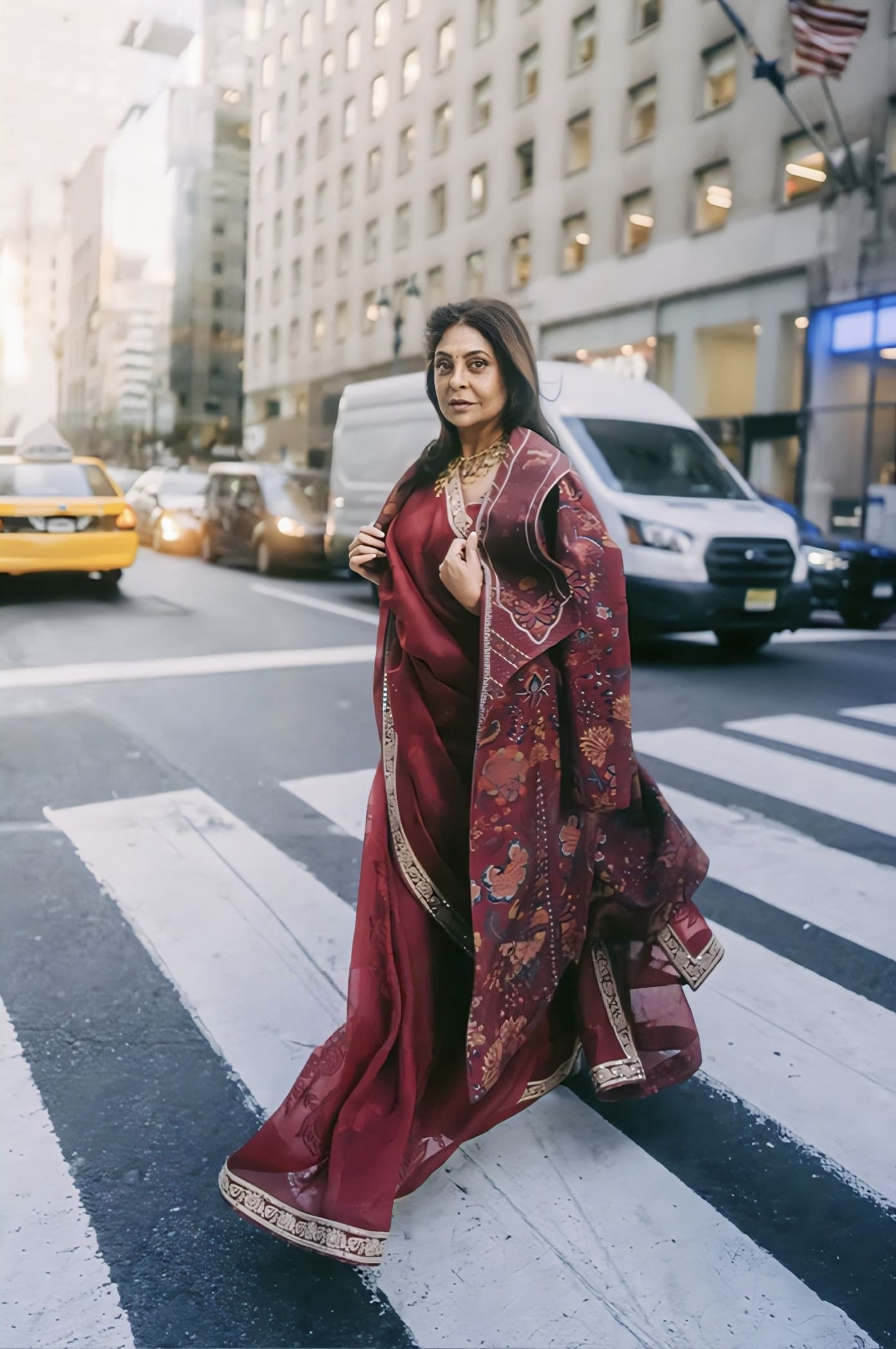 Shefali Shah in Custom Dhuni Chintz Jacket – Maroon Cotton Jacquard Digital Print Designer Jacket