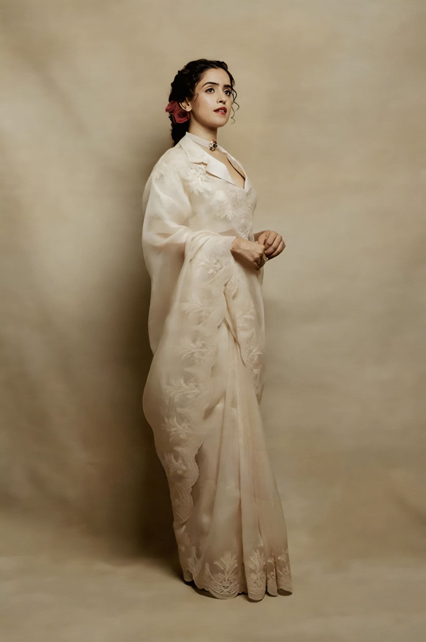 Beige organza embroidered saree with Chanderi blouse inspired by Sanya Malhotra