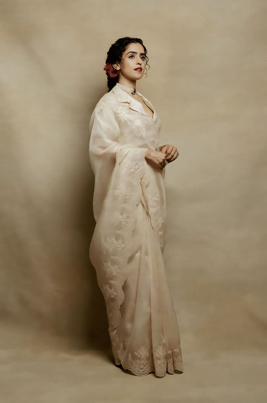 Beige organza embroidered saree with Chanderi blouse inspired by Sanya Malhotra