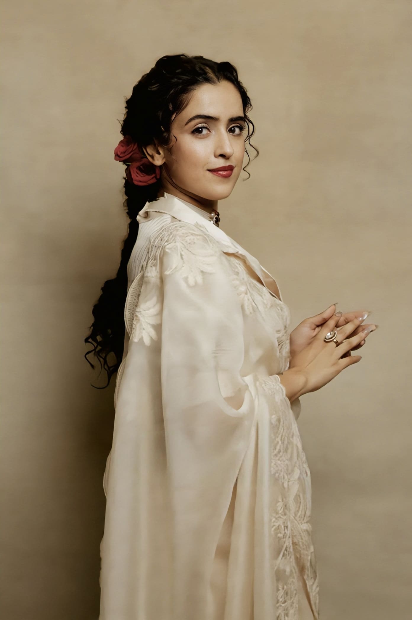 Sanya Malhotra in Mradu Afrah Saree Set – Beige Organza Embroidered Designer Saree