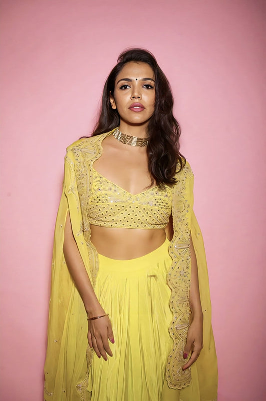 Shriya Pilgaonkar in Gul-Mina Zuri Cape Set – Yellow Silk Organza Embroidered Designer Dhoti Set