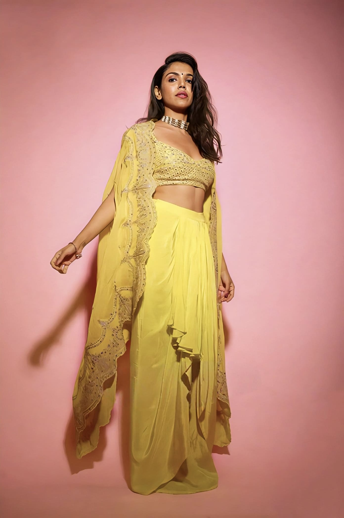 Yellow silk organza cape set with dhoti pants inspired by Shriya Pilgaonkar