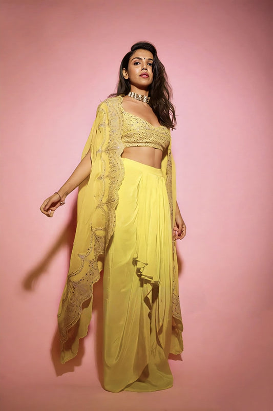 Yellow silk organza cape set with dhoti pants inspired by Shriya Pilgaonkar