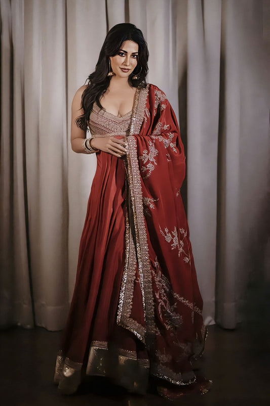 Chitrangada Singh in Sindoori Swara Anarkali Set – Red Hand Embroidered Designer Anarkali