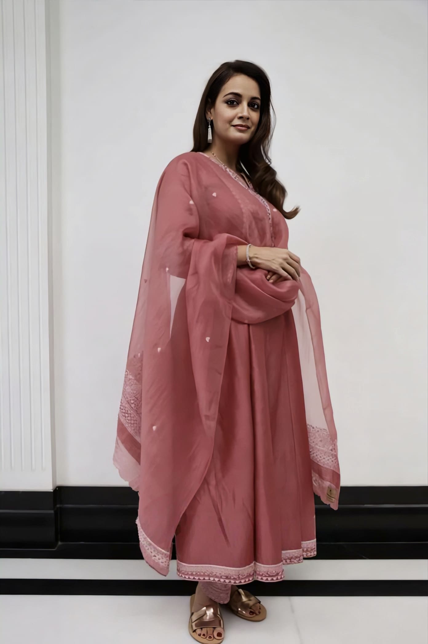Pink handwoven Chanderi kurta with Aari embroidery inspired by Dia Mirza