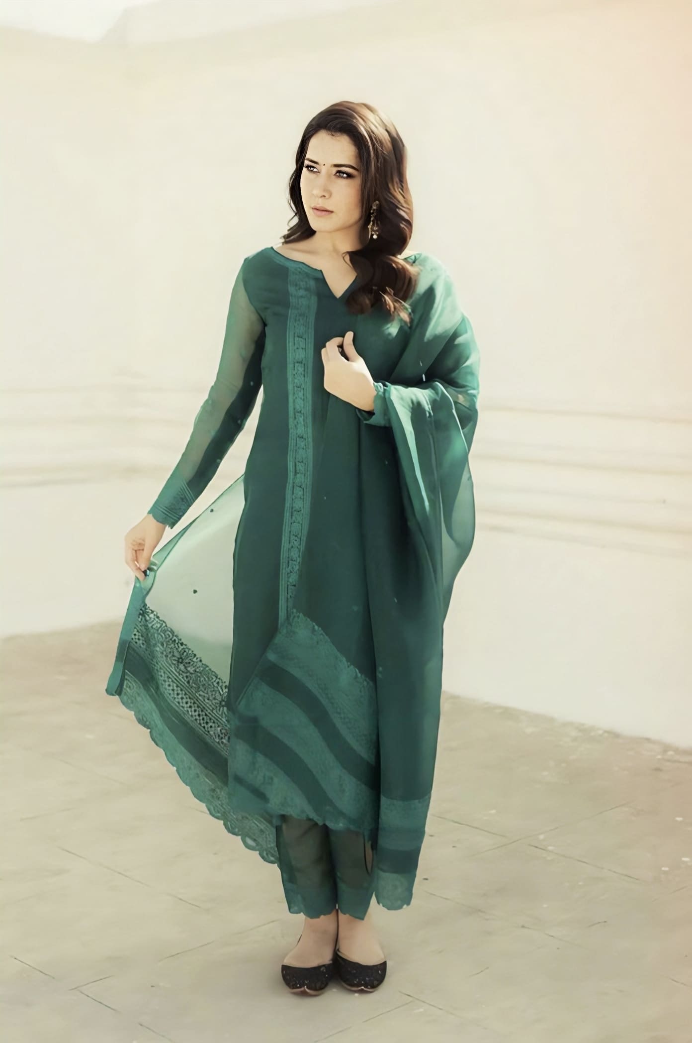 Green silk organza kurta with Aari embroidery and pintuck work inspired by Raashi Khanna