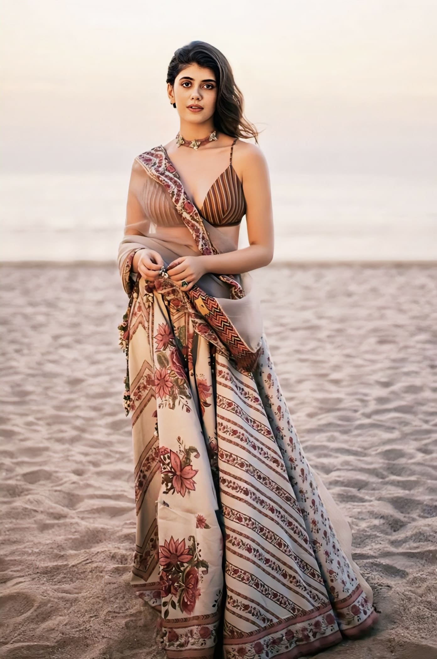 Green handwoven Chanderi lehenga with embroidery and digital print inspired by Sanjana Sanghi