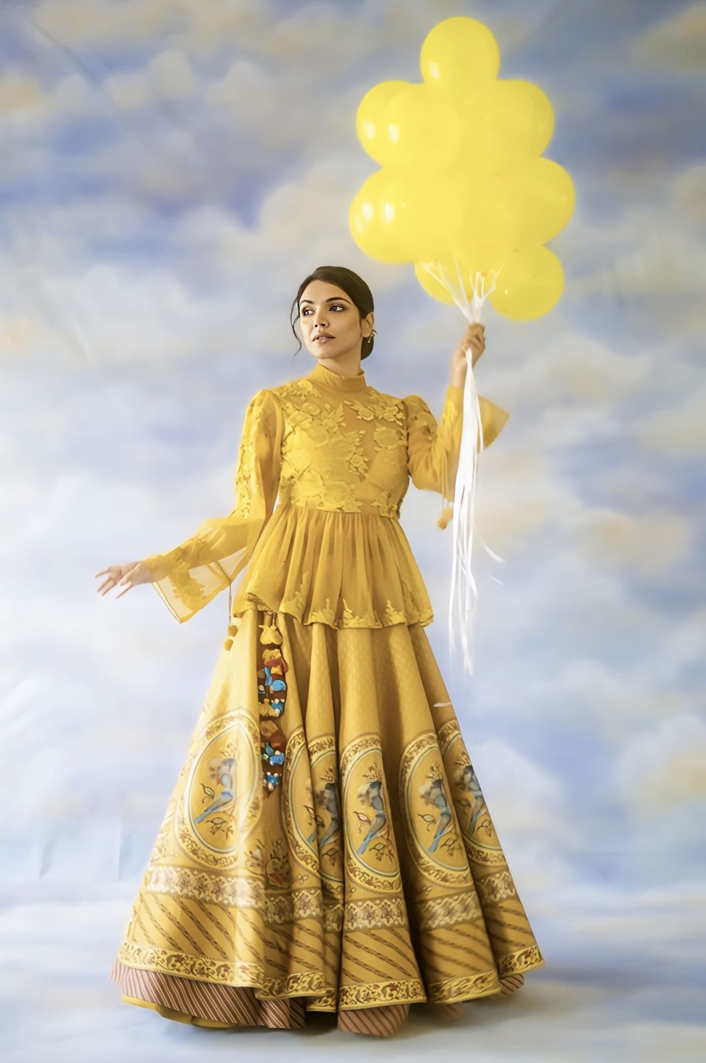 Yellow Chanderi lehenga with digital print and net top inspired by Shriya Pilgaonkar