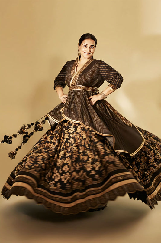 Black slub silk lehenga with Bhagalpuri digital print inspired by Vidya Balan