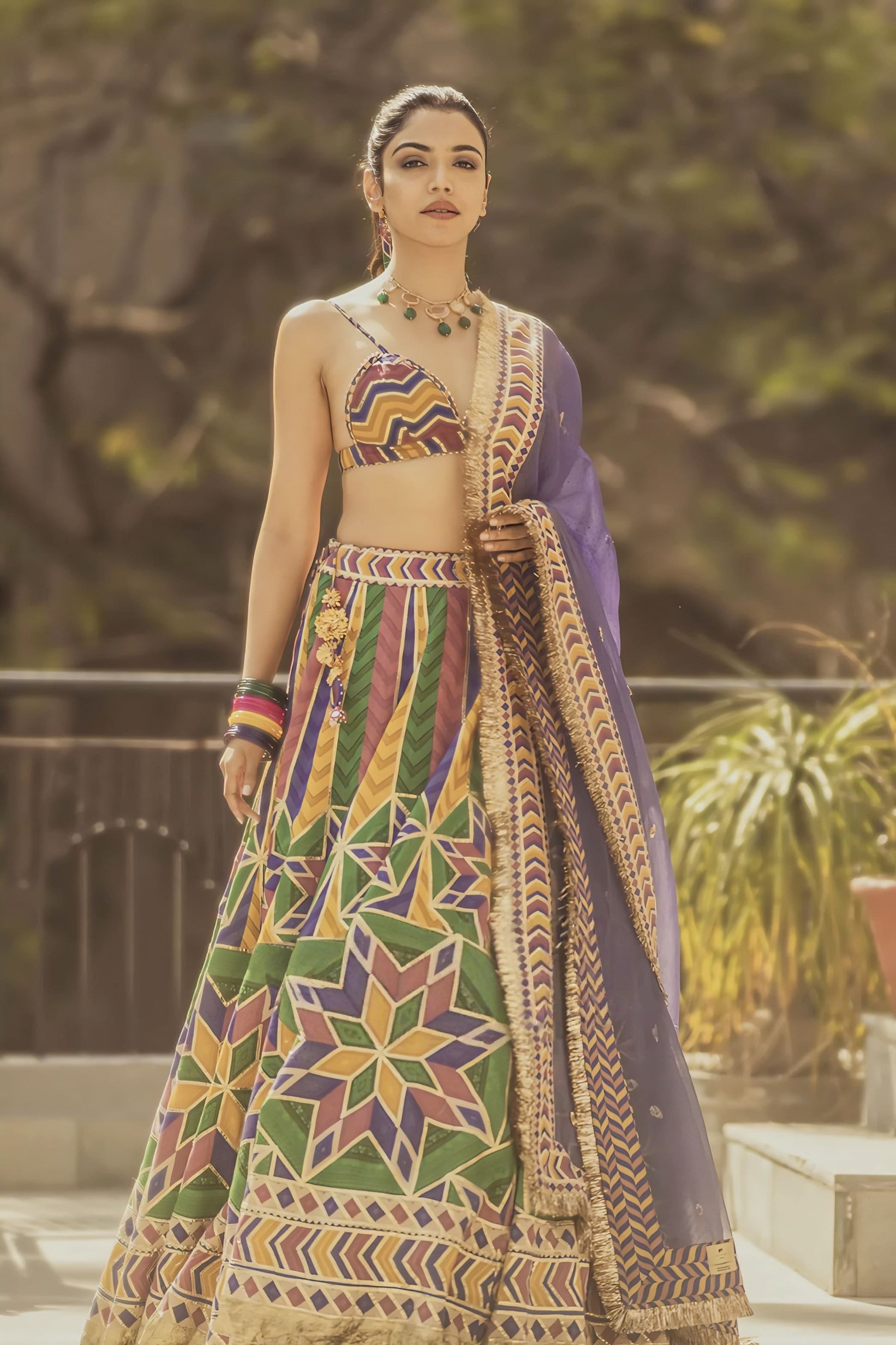 Multicolour Chanderi lehenga with digital print and gota work inspired by Shriya Pilgaonkar