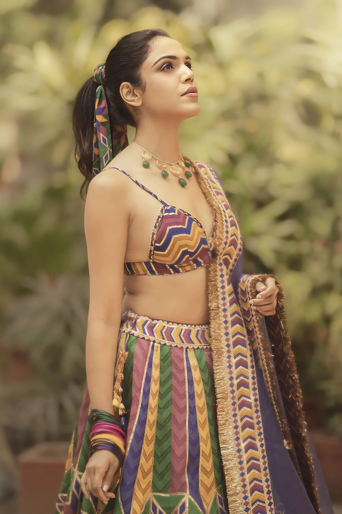Shriya Pilgaonkar in Navratan Shamiyana Lehenga Set – Multicolour & Purple Chanderi Digital Print Designer Lehenga