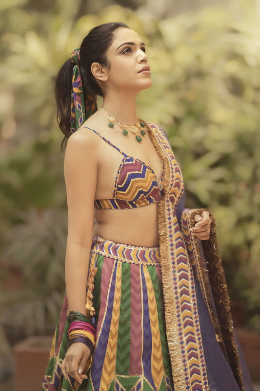 Shriya Pilgaonkar in Navratan Shamiyana Lehenga Set – Multicolour & Purple Chanderi Digital Print Designer Lehenga