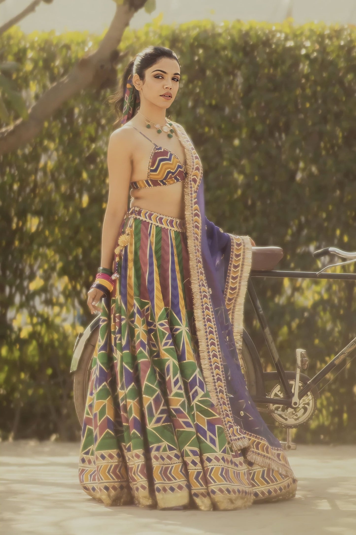 Shriya Pilgaonkar in Navratan Shamiyana Lehenga Set – Multicolour & Purple Chanderi Digital Print Designer Lehenga