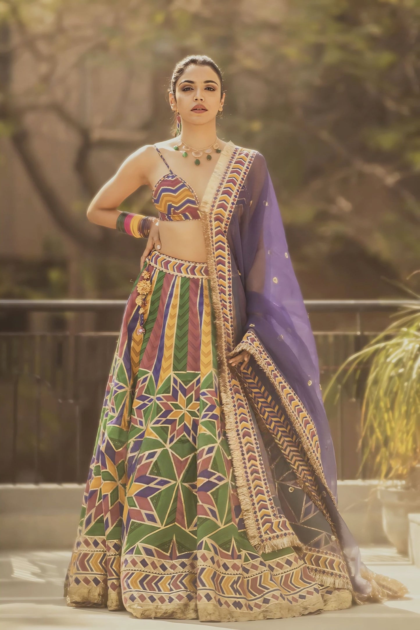Shriya Pilgaonkar in Navratan Shamiyana Lehenga Set – Multicolour & Purple Chanderi Digital Print Designer Lehenga