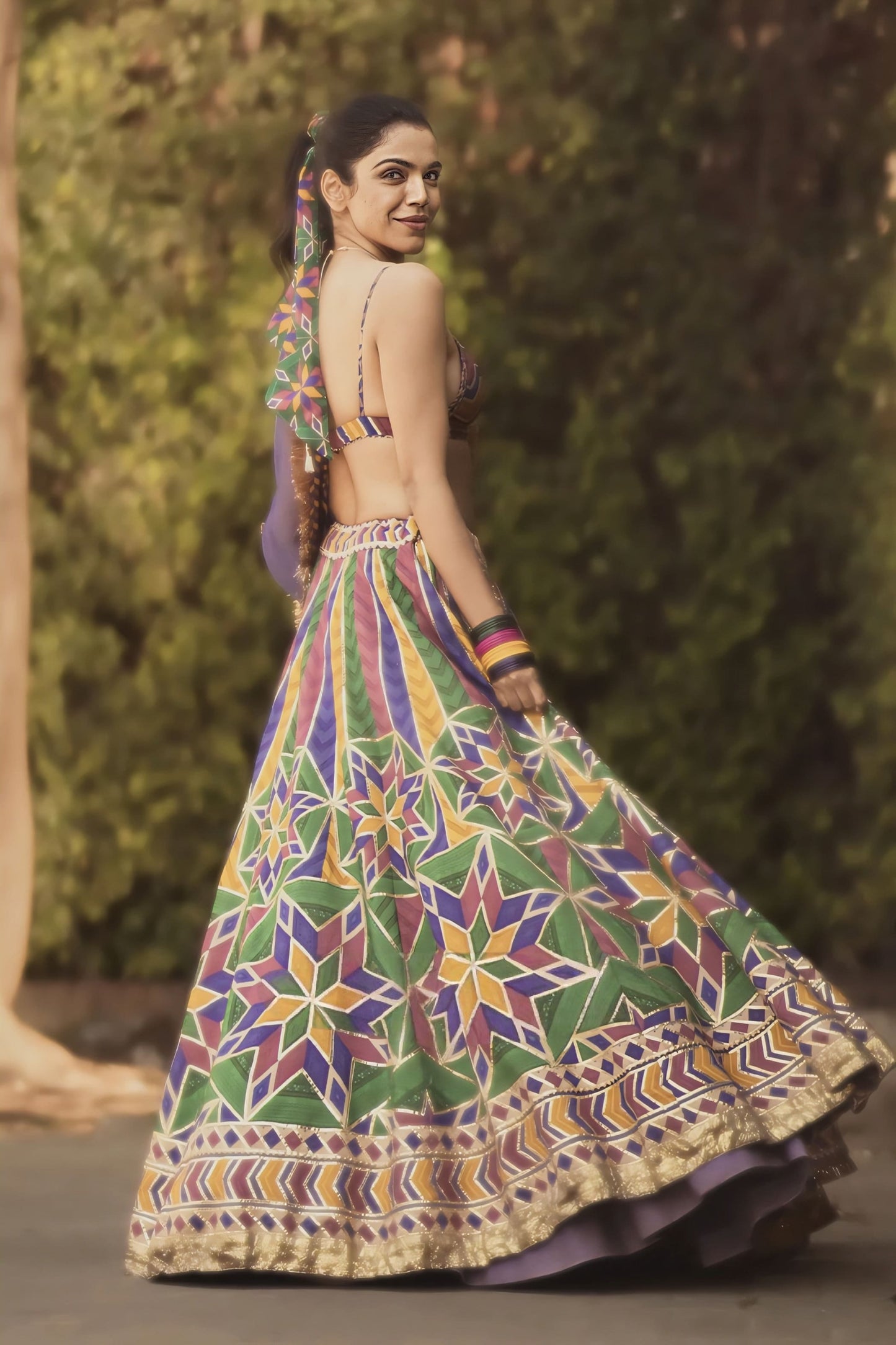 Shriya Pilgaonkar in Navratan Shamiyana Lehenga Set – Multicolour & Purple Chanderi Digital Print Designer Lehenga