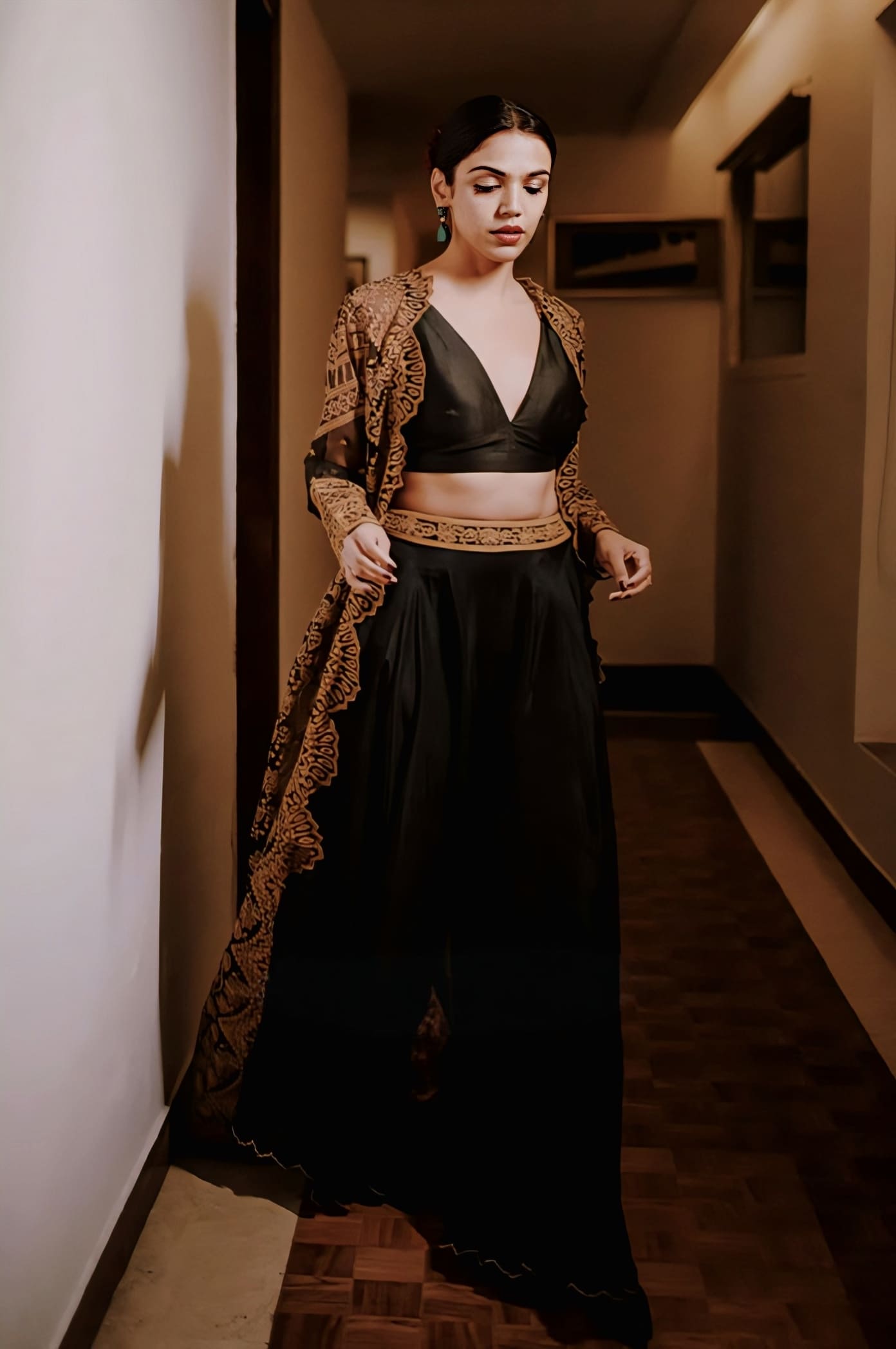 Black silk organza cape set with sequin work inspired by Shriya Pilgaonkar