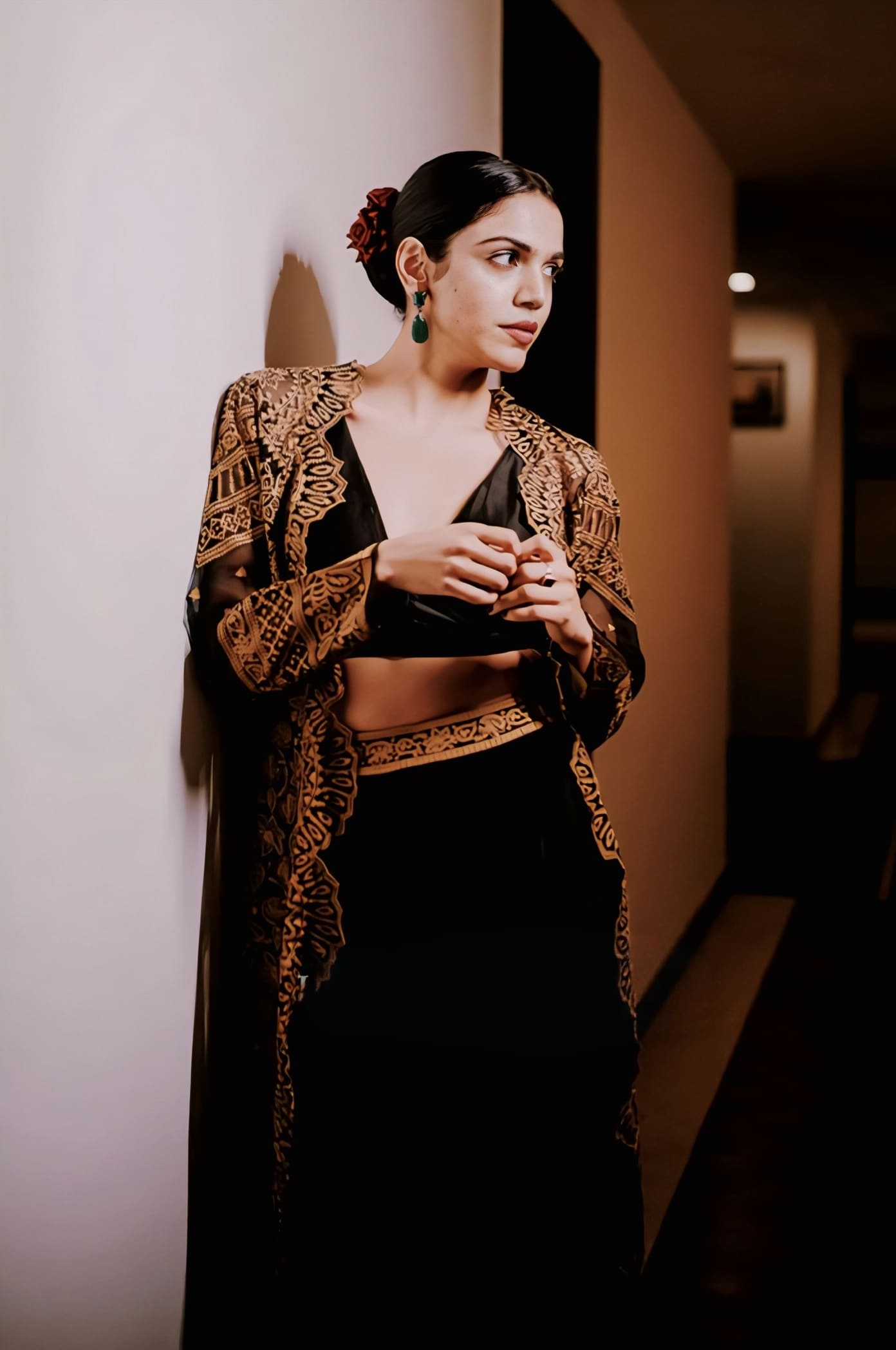 Shriya Pilgaonkar in Gulghast Meher Cape Set – Black Silk Organza Sequin Embellished Designer Sharara Set