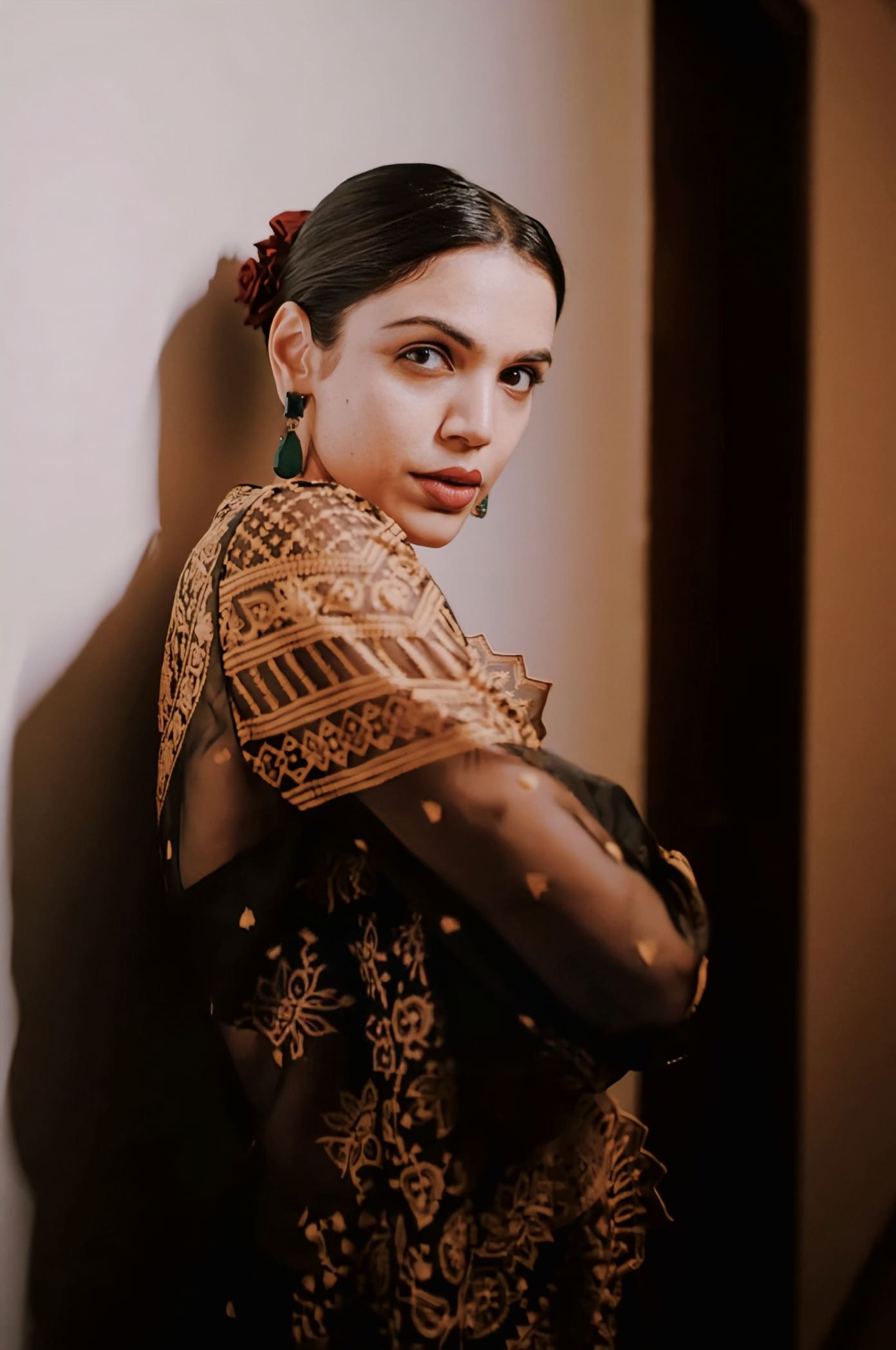 Shriya Pilgaonkar in Gulghast Meher Cape Set – Black Silk Organza Sequin Embellished Designer Sharara Set