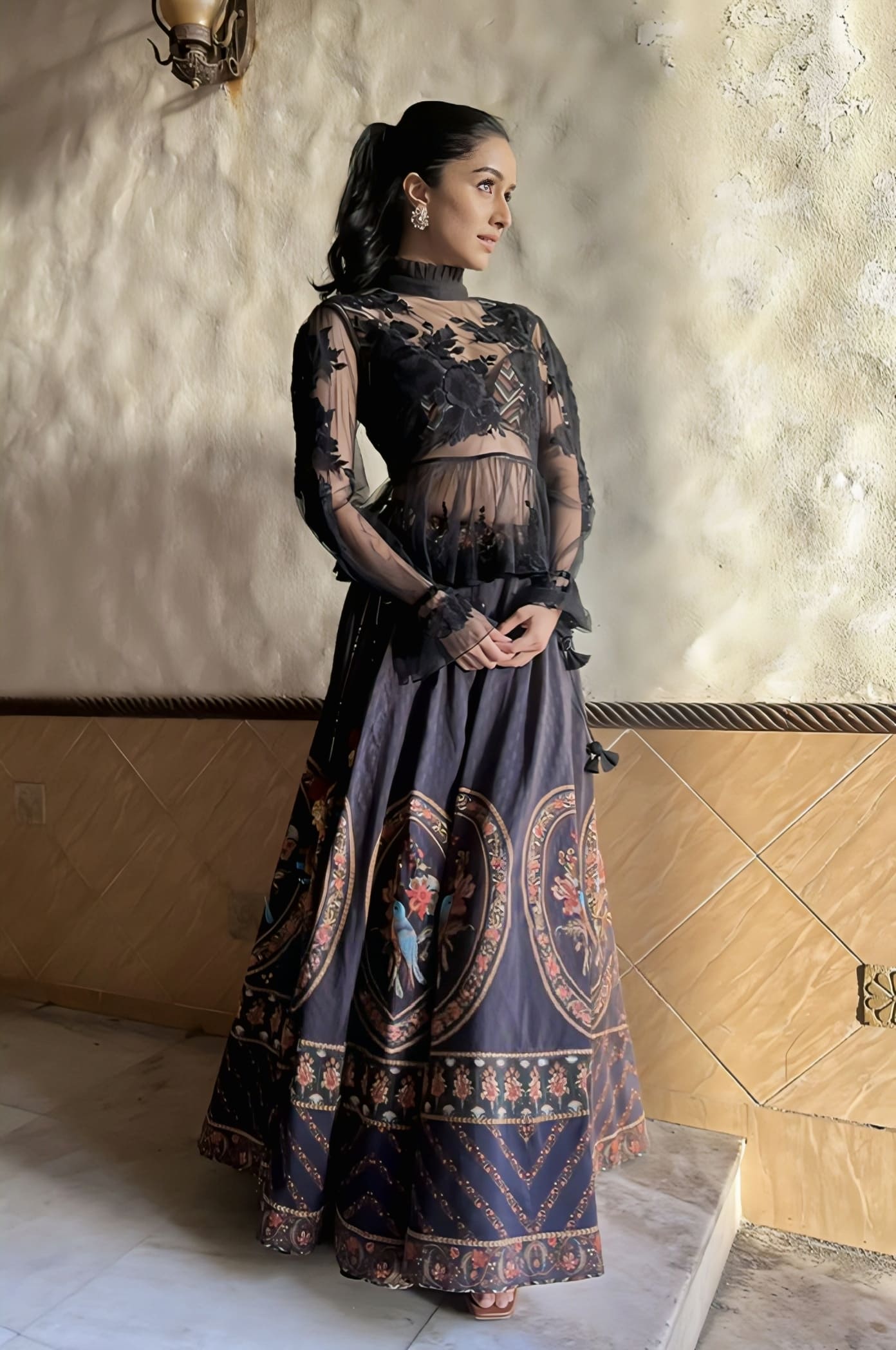 Black Chanderi lehenga with digital print and embroidery inspired by Shraddha Kapoor
