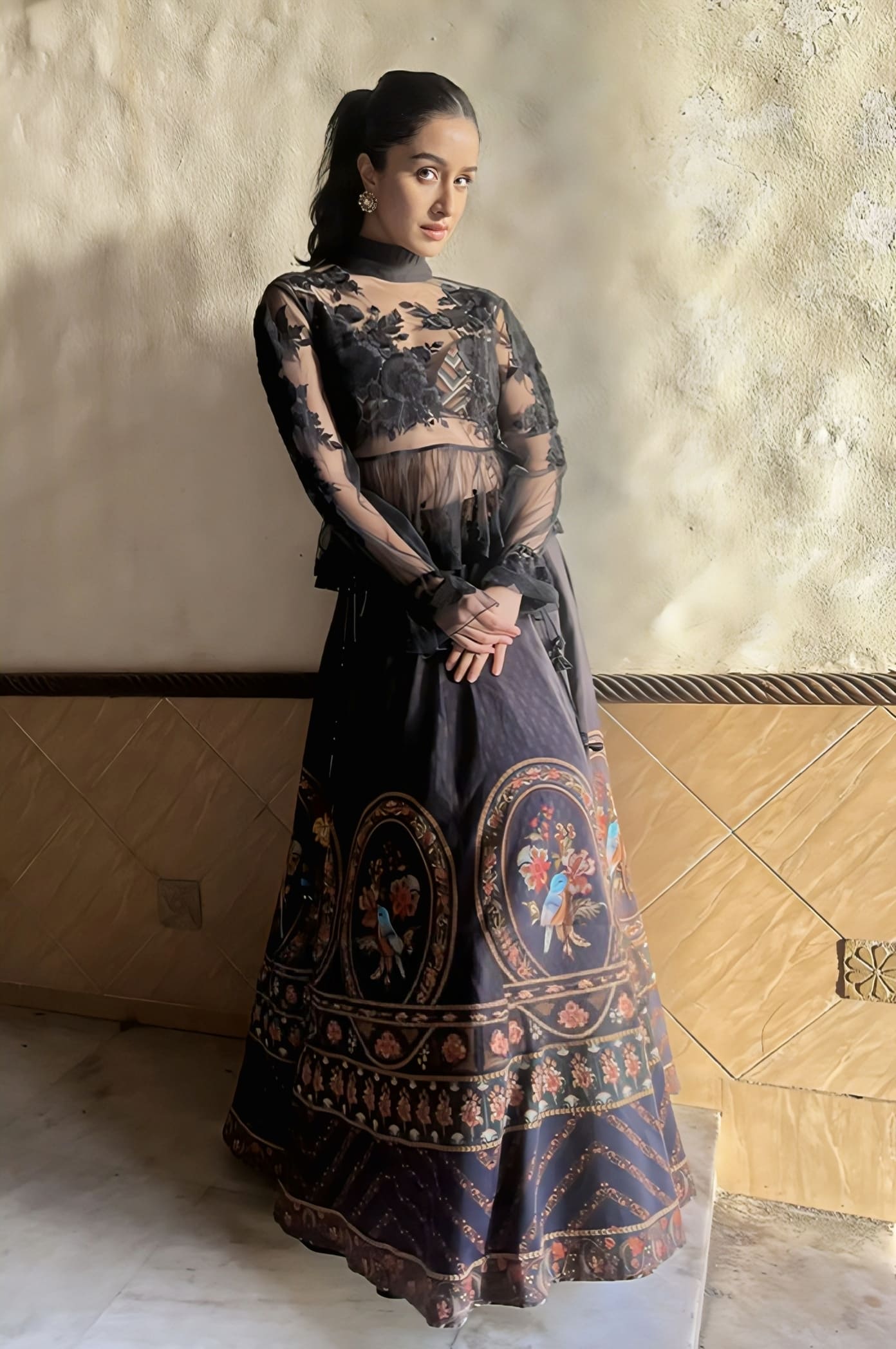 Shraddha Kapoor in Gulghast Poulami Lehenga Set – Black Handwoven Chanderi Embroidered Designer Lehenga
