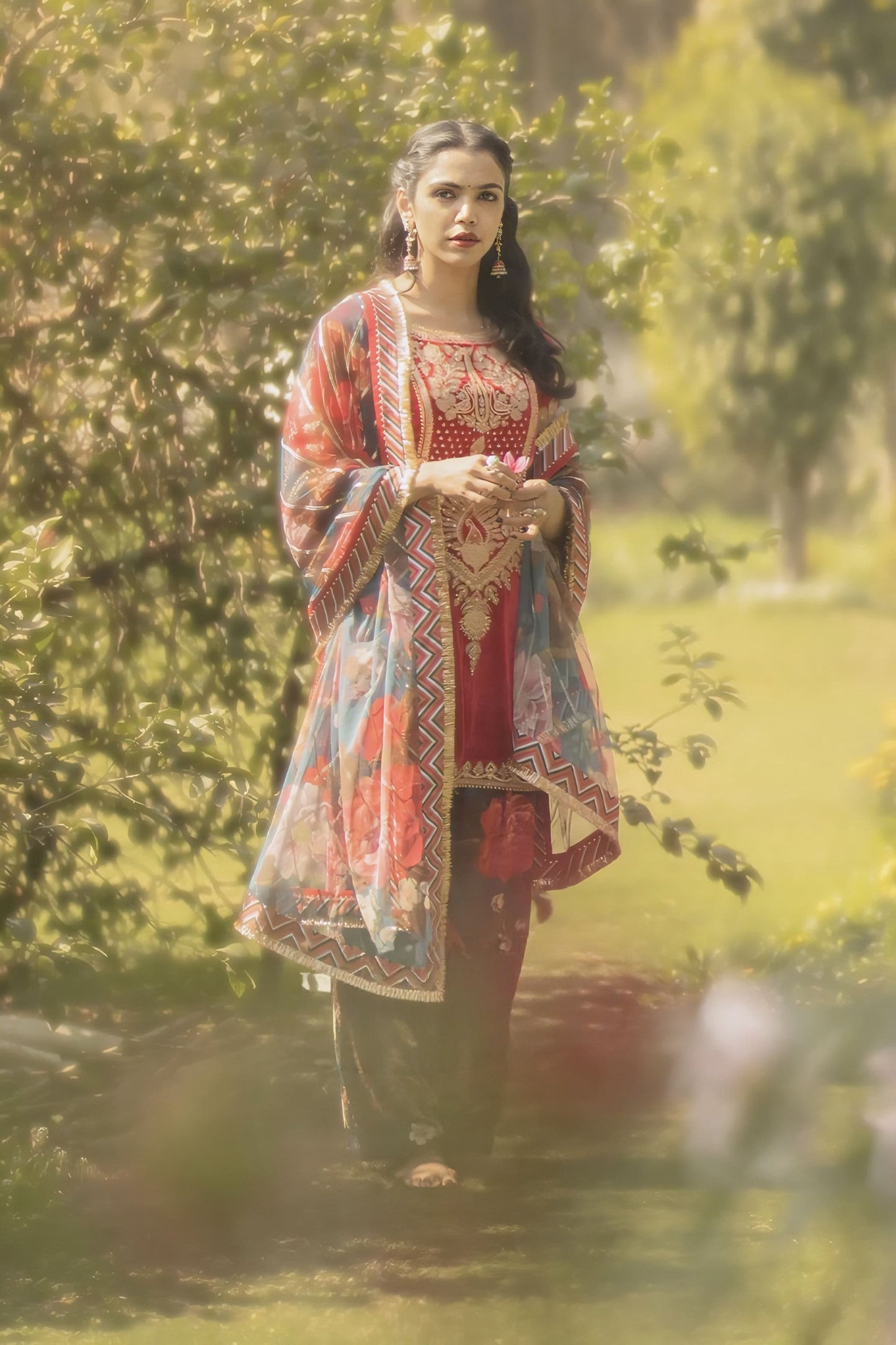 Velvet kurta set with zari embroidery and gota work inspired by Shriya Pilgaonkar