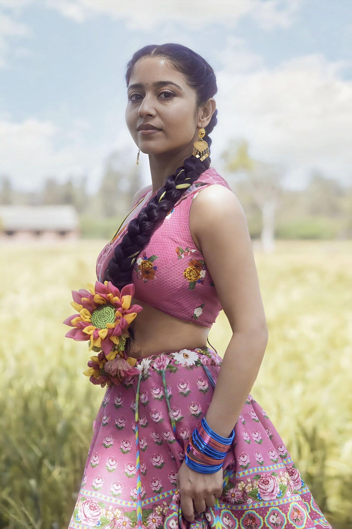 Pink Chanderi lehenga with digital print inspired by Shweta Tripathi