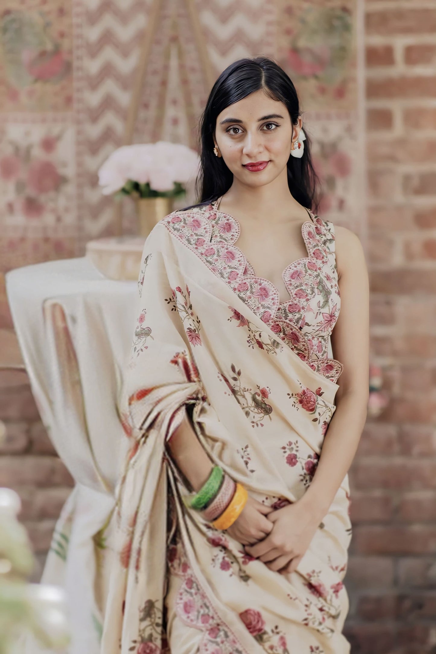 Beige Chanderi saree with digital print inspired by Dolly Singh