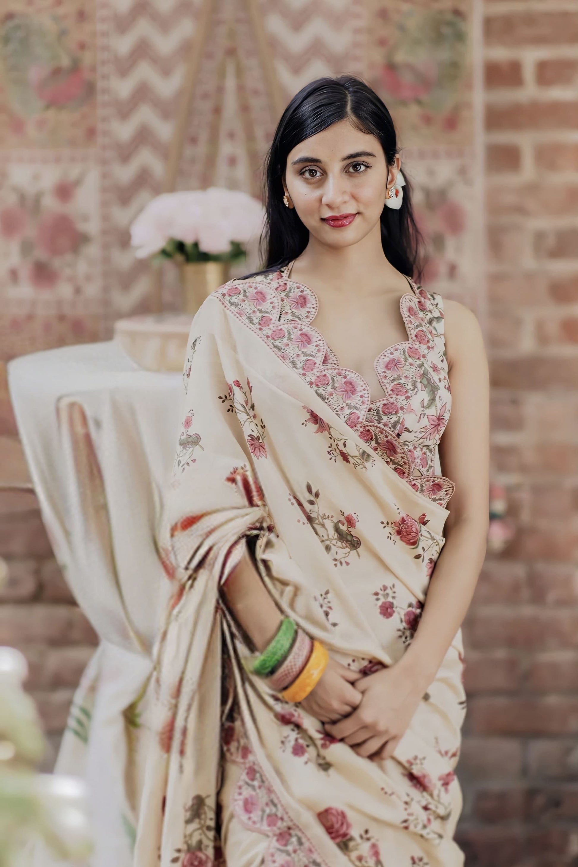 Beige Chanderi saree with digital print inspired by Dolly Singh