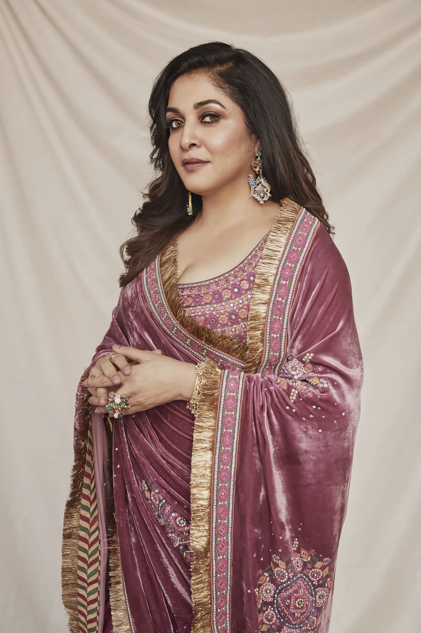 Pink velvet silk saree with embroidery and digital print inspired by Ramya Krishnan
