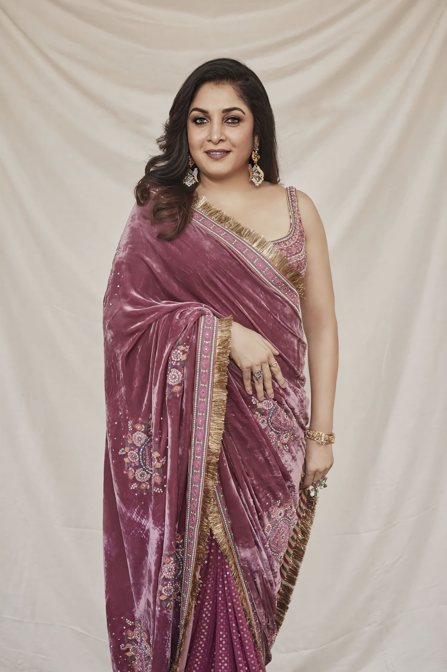 Ramya Krishnan in Manika Agahni Ikjot Saree Set – Pink Velvet Silk Embroidered Designer Saree
