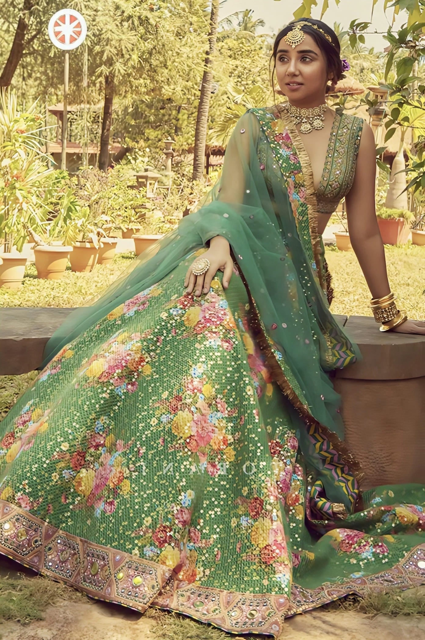 Prajakta Koli in Panna Aastika Lehenga Set – Green Handwoven Chanderi Embroidered Designer Lehenga