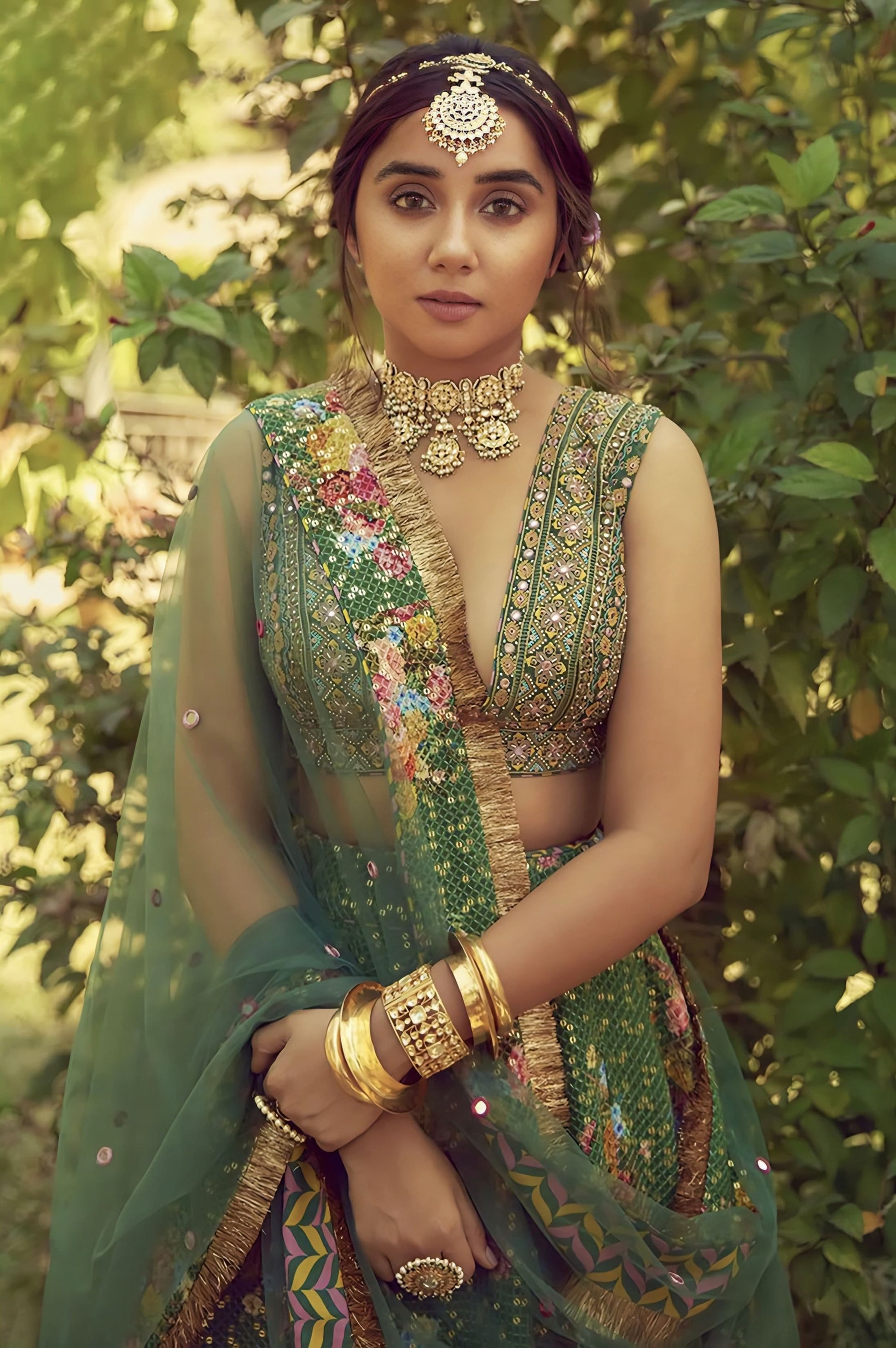 Green handwoven Chanderi lehenga with embroidery inspired by Prajakta Koli